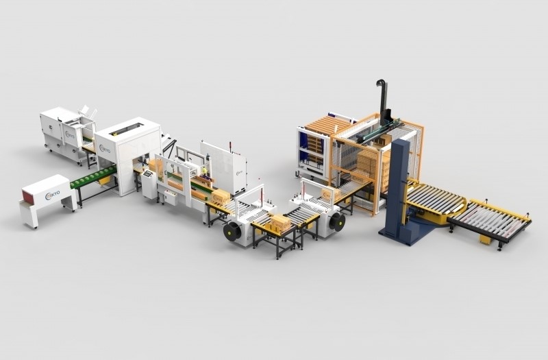 Dây chuyền dán thùng, đóng đai kết hợp quấn màng, xếp pallet tự đông hoàn toàn.